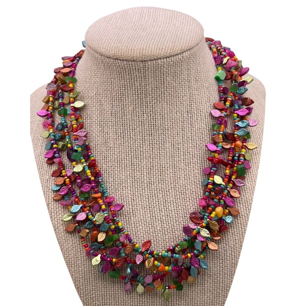 Boho Multi Strand Leaf Beaded Statement Necklace Retro 90s Vibrant Colorful - Picture 5 of 8